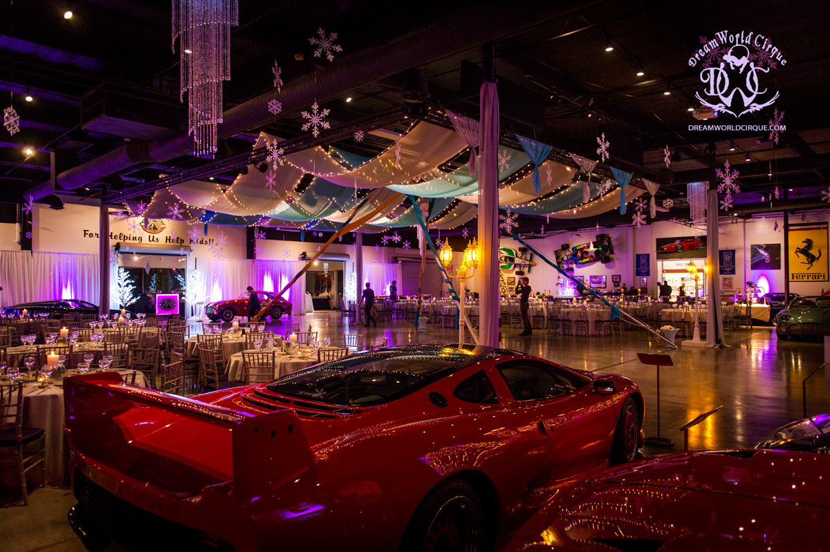 Stunning Aerial Rig & Draping at Marconi Auto Museum for Vizio Holiday Party